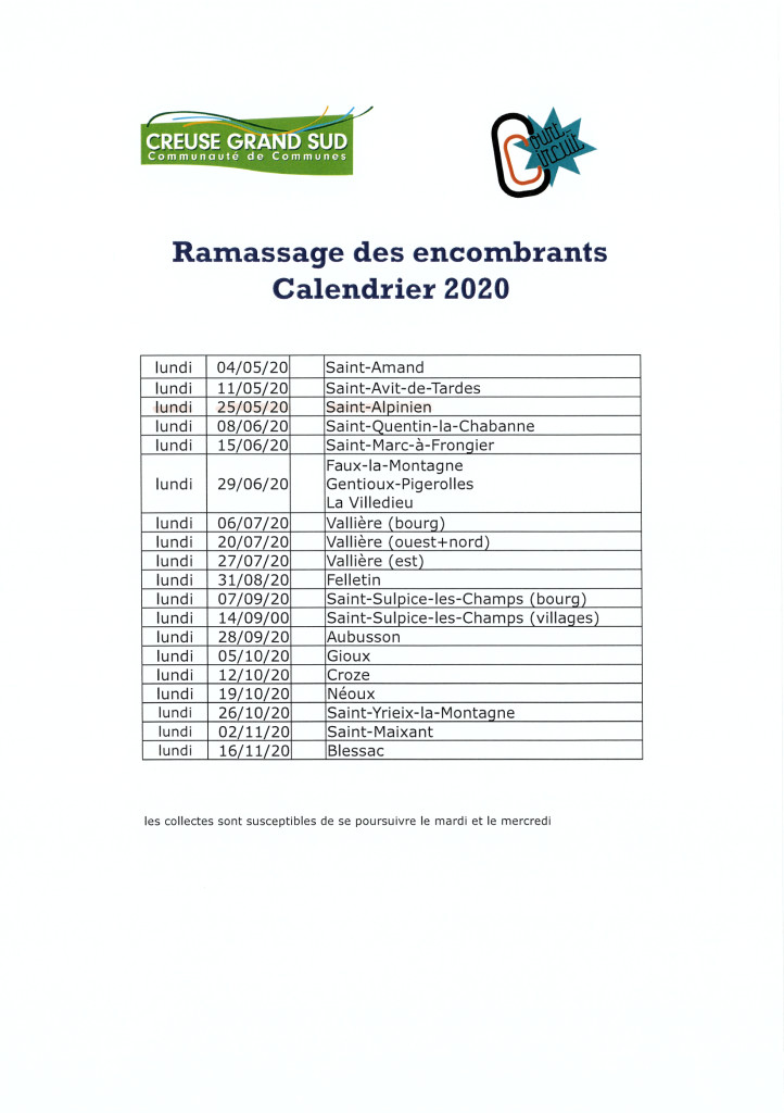 calendrier collecte